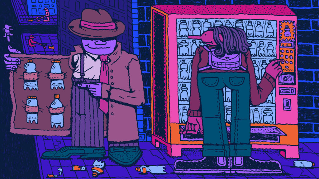 illustratie van een vrouw die bij een drankautomaat staat, terwijl een man met een hoed flesjes water aanbiedt die zijn verborgen in de binnenkant van zijn lange regenjas