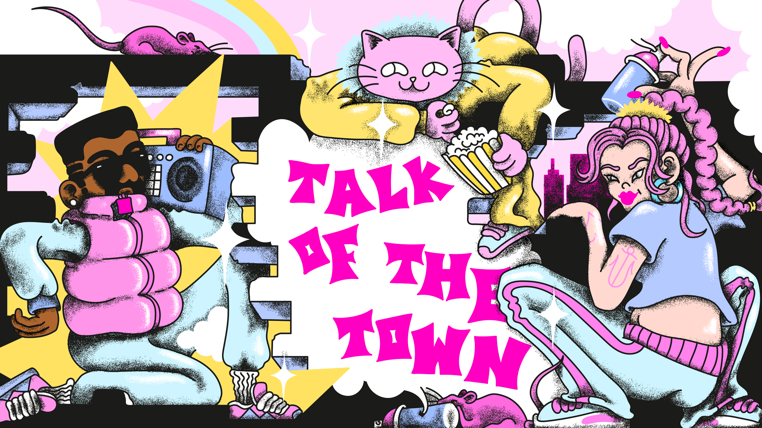 Illustratie van een vrouw die een graffiti piece zet met de tekst 'Talk of the town'. Een man met een boombox en een kat met popcorn kijken toe.
