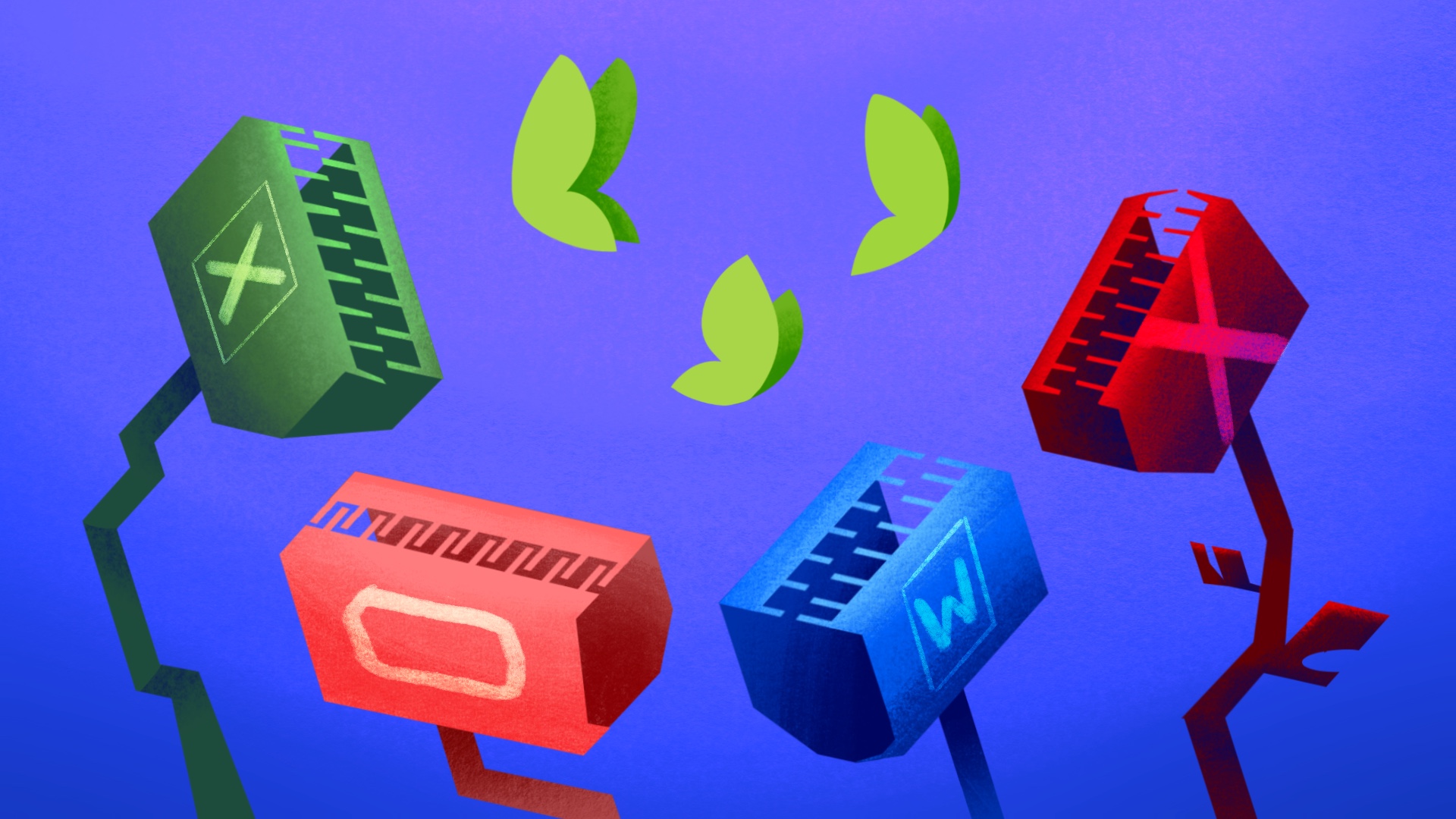 Drie vlinders in de kleuren van de gemeente Rottedam. Vier vleesetende planten, met daarop de kleuren van Microsoft Exel, Word, Oracle en X(twitter).