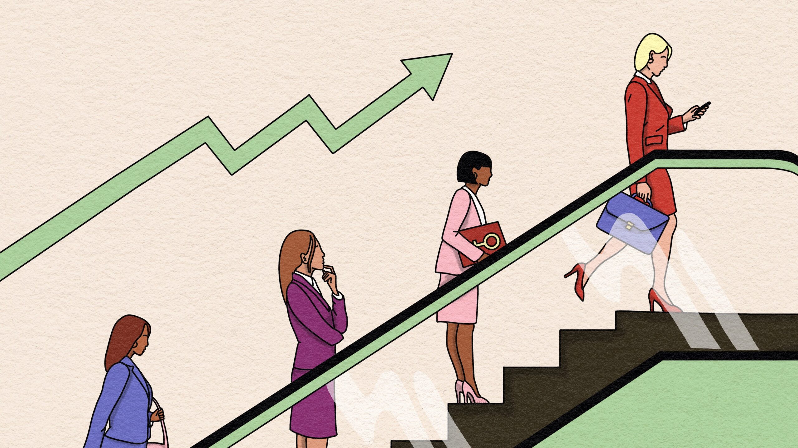 Vier vrouwen op de roltrap. Roltrap is groen. Groene pijl omhoog.