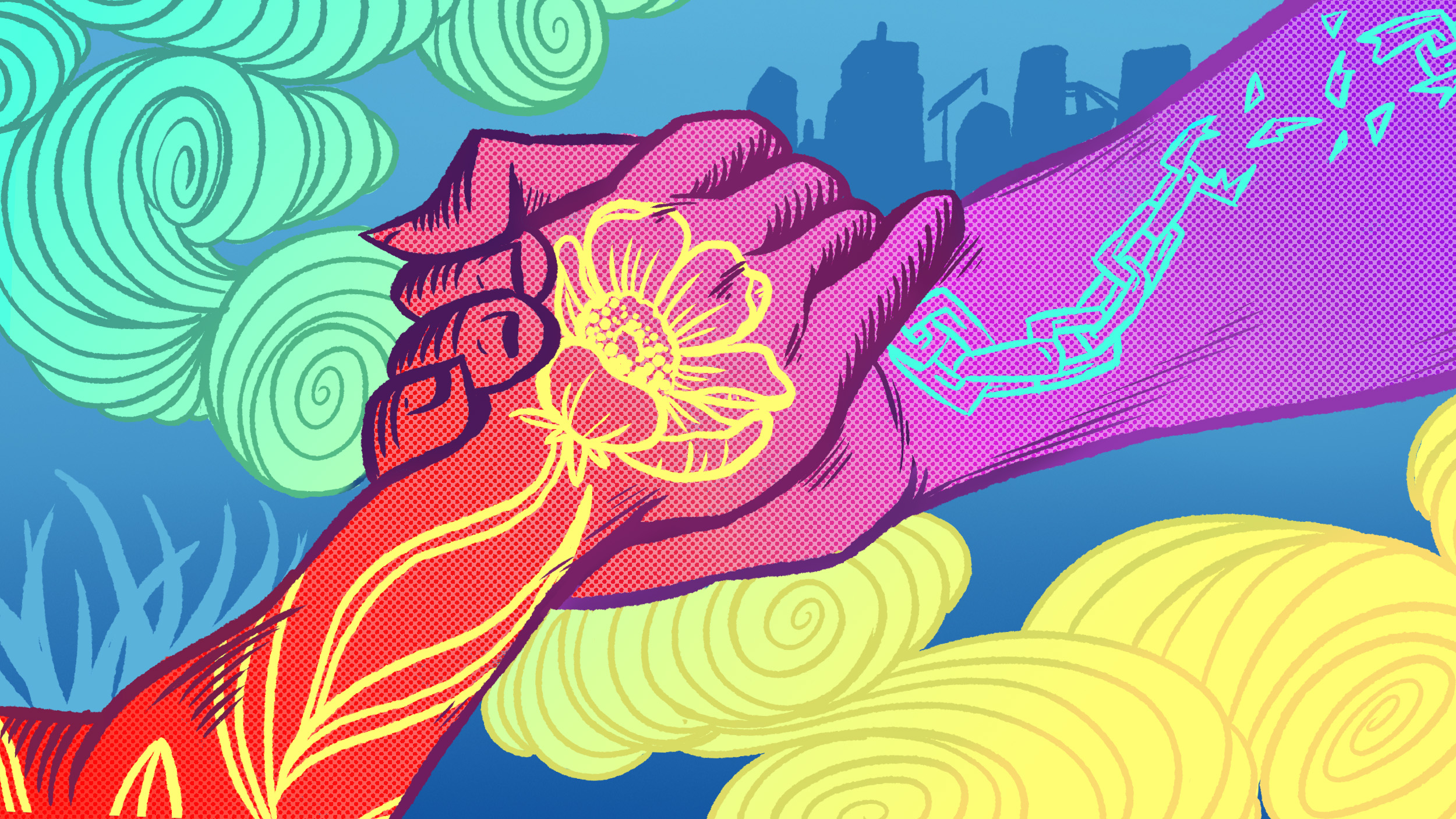 twee handen slaan in elkaar. de een heeft een print van een bloem, de ander met gebroken ketenen.