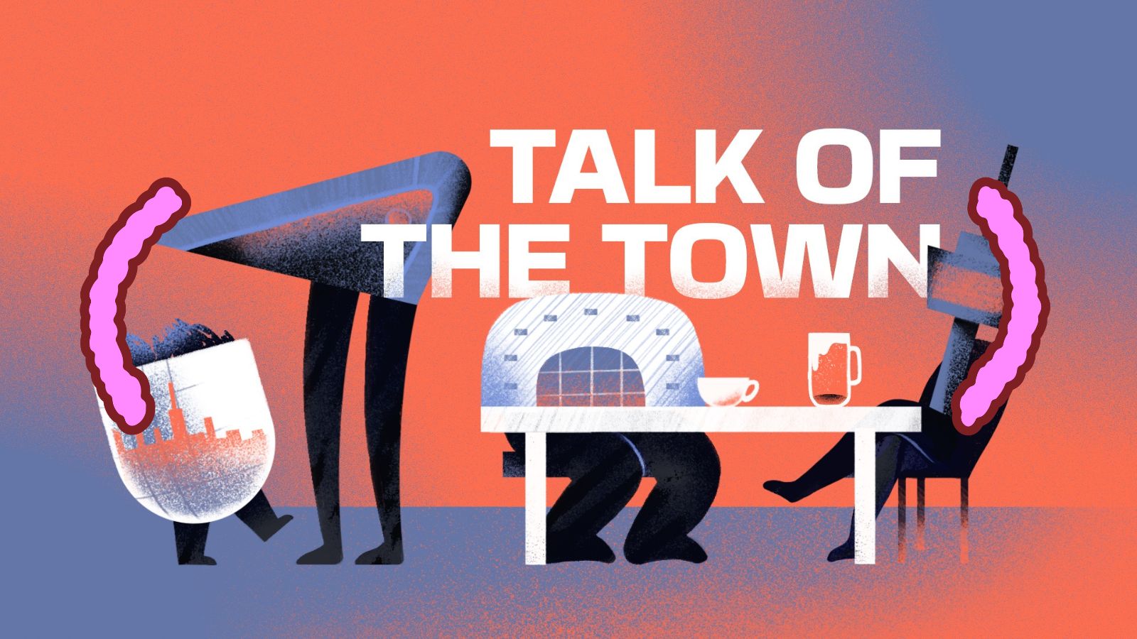 Illustratie van een tafel waar poppetjes zijn aangeschoven in de vorm van bekende gebouwen aan de Rotterdamse skyline