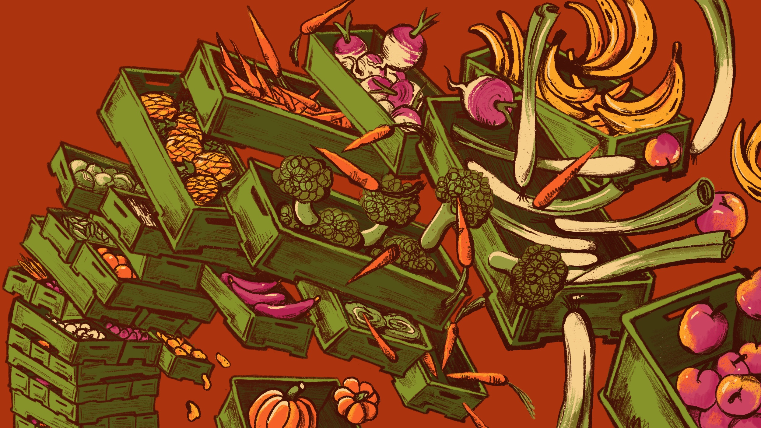 Groentekratten vallen als Jengastukken uit elkaar. De kratten zijn groen, de achtergrond is donkeroranje. In de kratten zitten verschillende stukken groente en fruit: prei, banaan, wortel, appels, ananas, brocolli, etc.